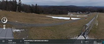 Momentaufnahme mit (Kunst?)Schnee-Resten im Skizentrum Mitterdorf vom 17. Januar 2023. Seit der Saisoneröffnung am 16. Dezember 2022 war der Betrieb der Lifte bisher nur an wenigen Tagen möglich. Screenshot: mitterdorf.info/ da Hog’n